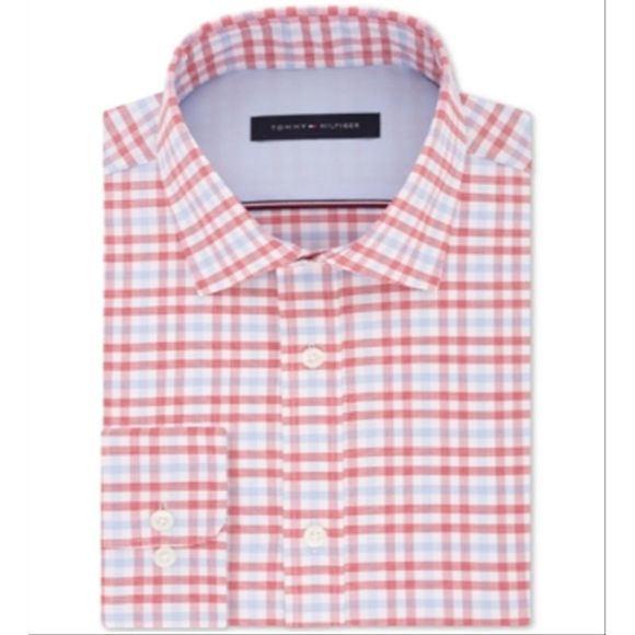 Tommy Hilfiger Men's Plaid Collared Work Dress Shirt Red Size 16X32-33 - Picture 1 of 3